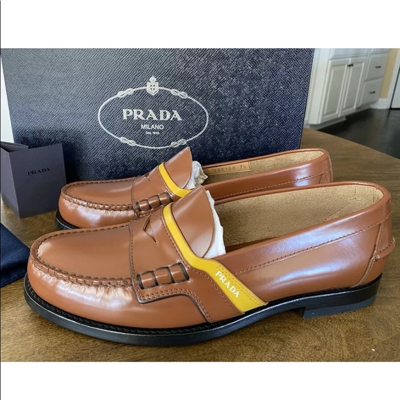 Prada Shoes | Prada Brown Leather Loafer with Yellow Stripe | Color: Brown | Size: 9.5 | Kamonsataya's Closet